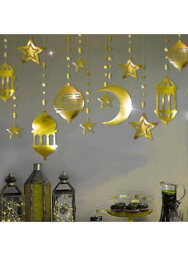8 PCS Gold Ramadan Star-Moon Party-Decorations Garland - Twinkle Little Star Hanging Decoration Streamers Swirl Lantern, Eid Mubarak Birthday Wedding Party Banner Decor Panduola - Image 1